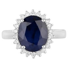 Blue Sapphire Ring With Diamonds 4.6 Carats 14K White Gold