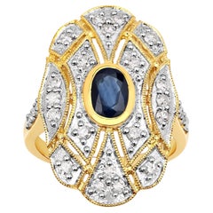 Blue Sapphire Ring With Diamonds 1.52 Carats Gold Plated Silver