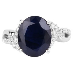 Blue Sapphire Ring With Diamonds 6.5 Carats 14K White Gold