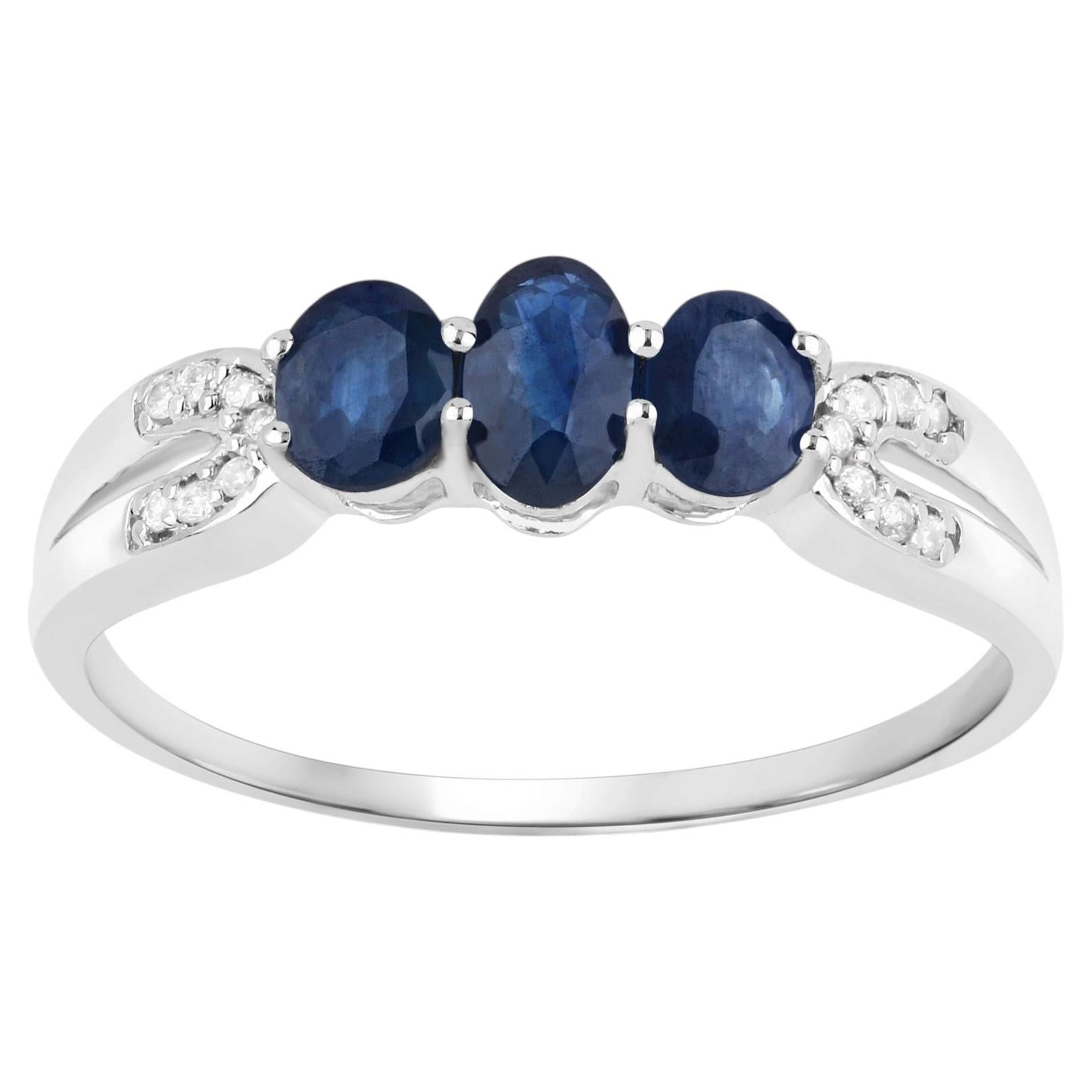 Blue Sapphire Ring With Diamonds 0.68 Carats 14K White Gold