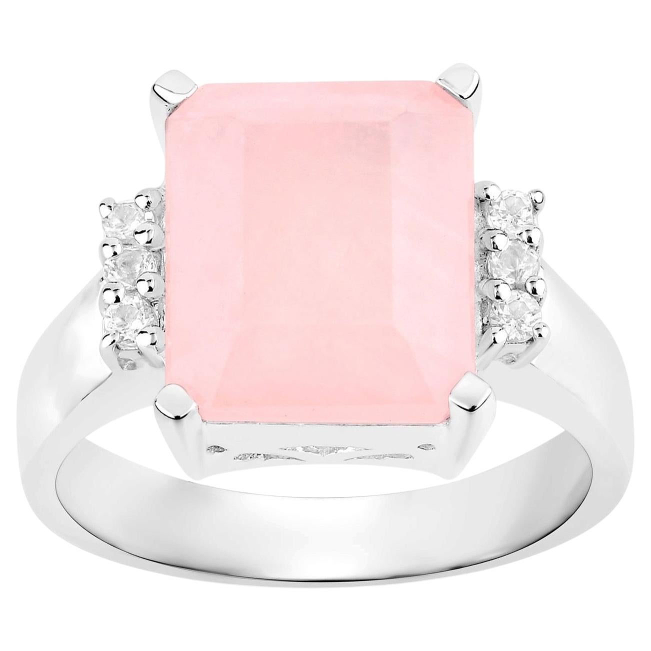 Anillo de cuarzo rosa con topacio blanco de 5,7 quilates, plata de ley