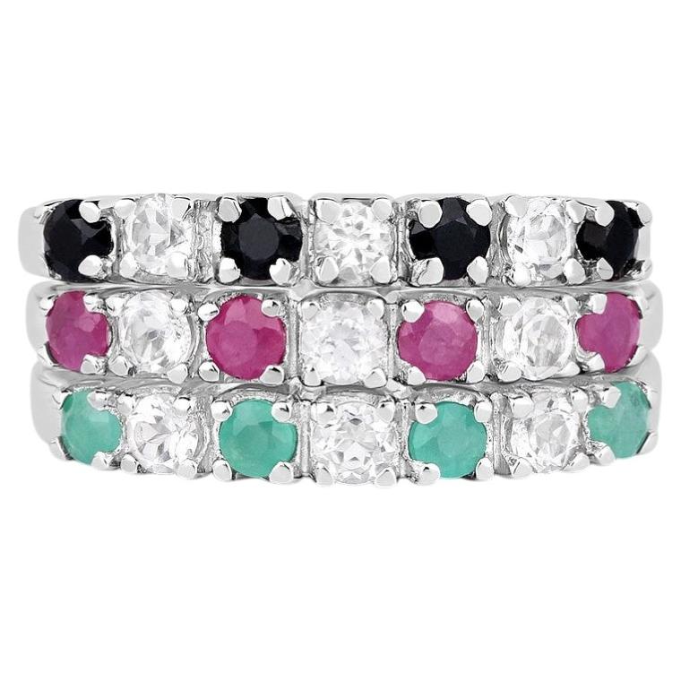 Natural Mixed Gemstones Ring 1.36 Carats Sterling Silver