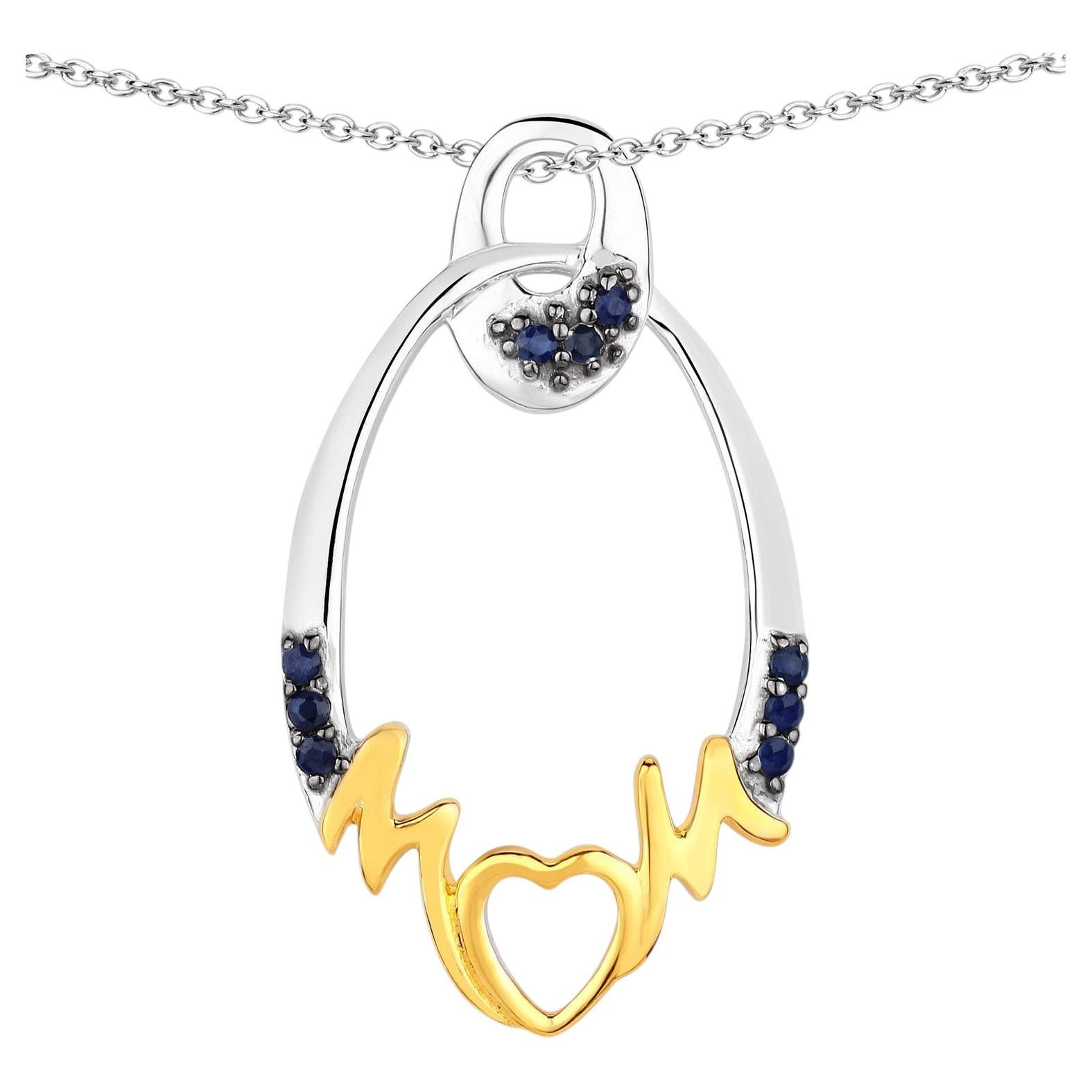 Blue Sapphire Mother Pendant 0.16 Carats Gold Plated Silver For Sale