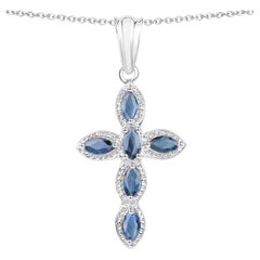 Blue Sapphire Cross Pendant 0.88 Carats Sterling Silver