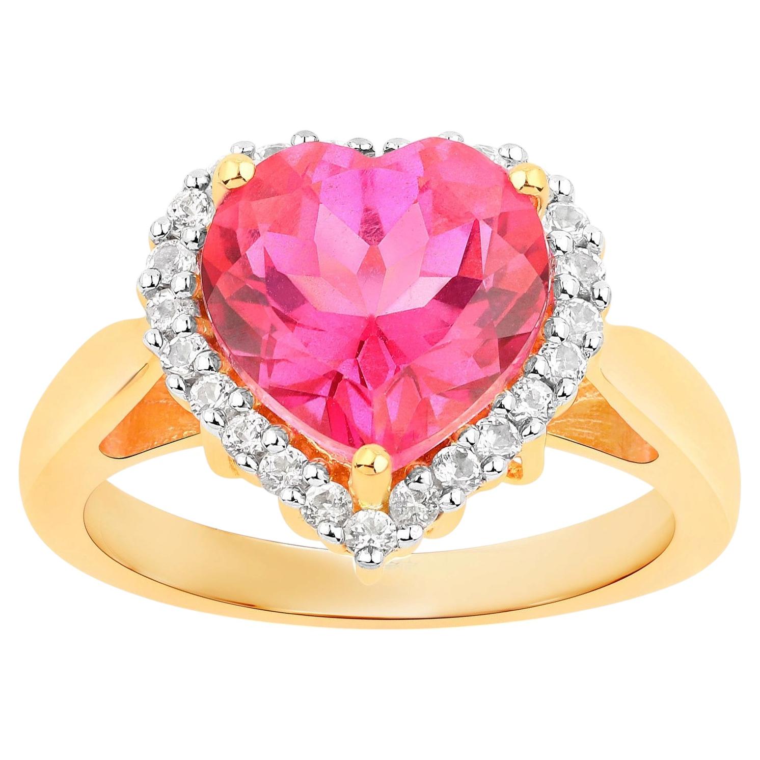 Pink Topaz Ring With White Topaz 5 Carats Gold Plated Silver For Sale