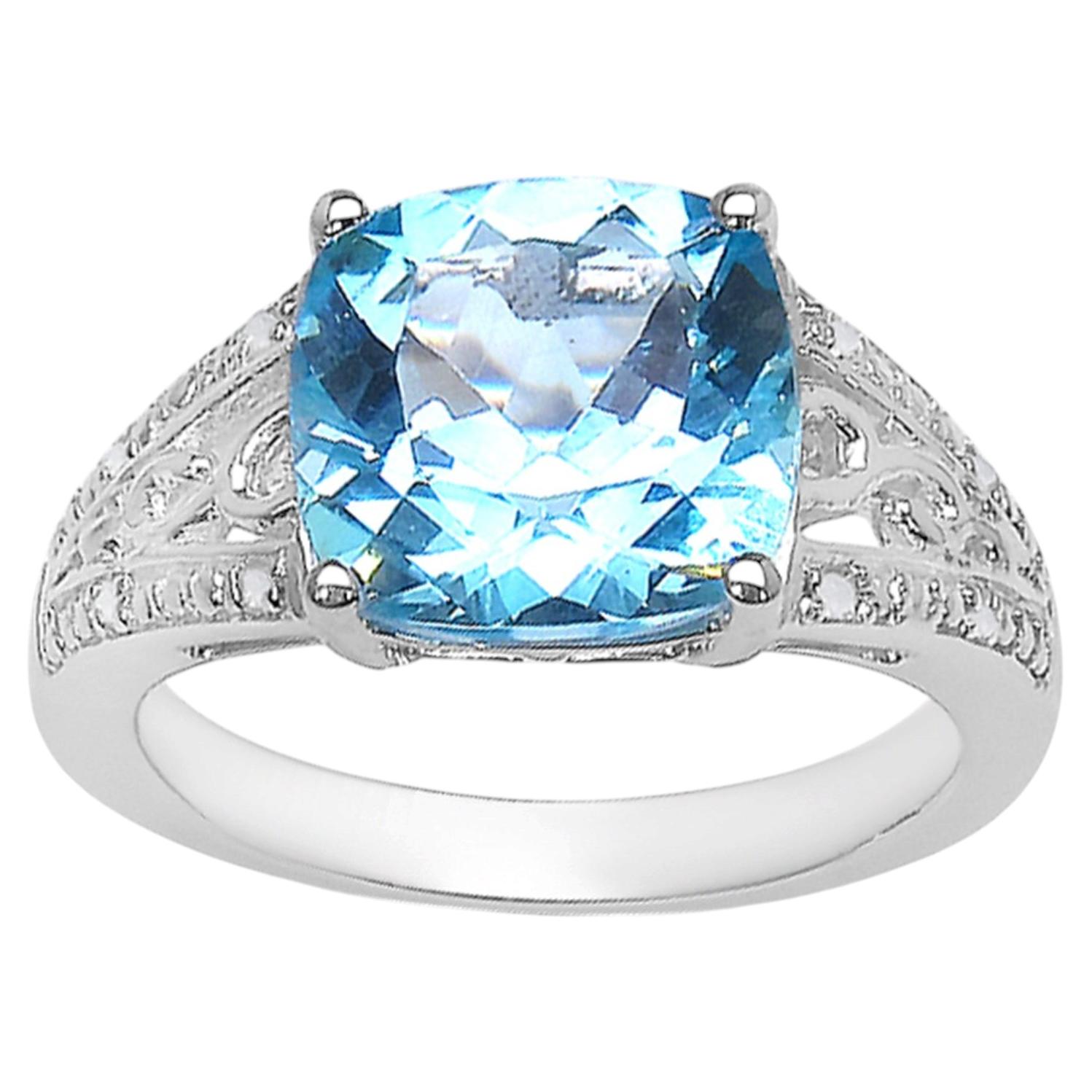 Ring mit blauem Topas und Diamanten, 4,4 Karat, Sterlingsilber