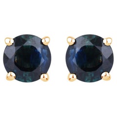 Boucles d'oreilles à clous en saphir bleu, 1,28 carats, or jaune 10 carats