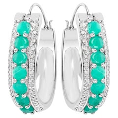 Emerald Hoop Earrings With Diamonds 3.38 Carats Sterling Silver