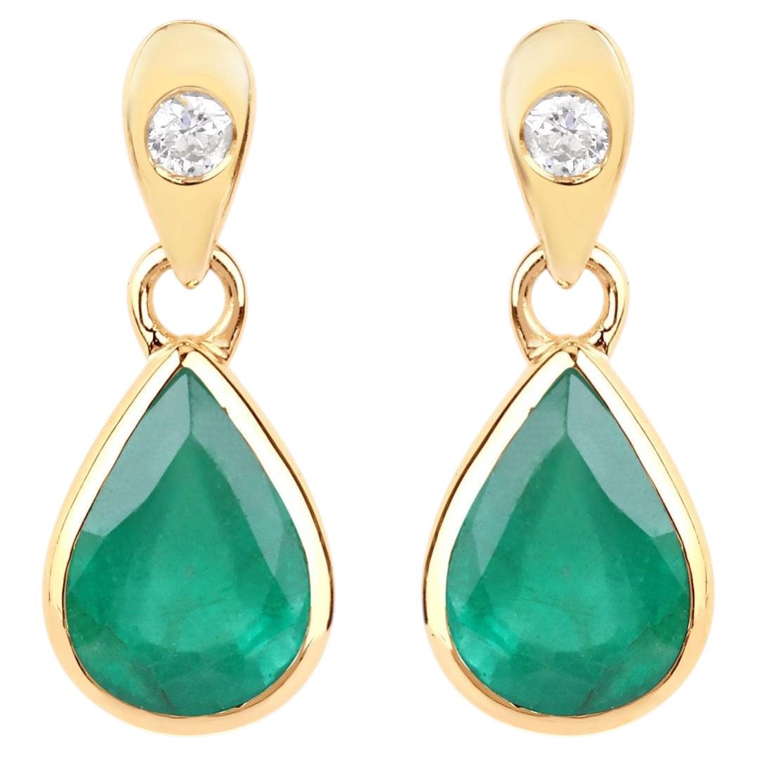 Zambian Emerald Earrings With Diamonds 1.32 Carats 10K Yellow Gold