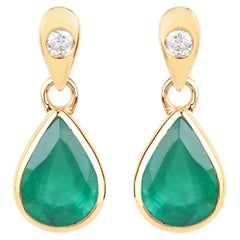Zambian Emerald Earrings With Diamonds 1.32 Carats 10K Yellow Gold
