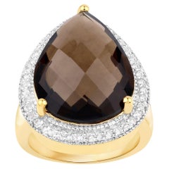 Smoky Quartz Ring With White Topaz 14.2 Carats Gold Plated Silver