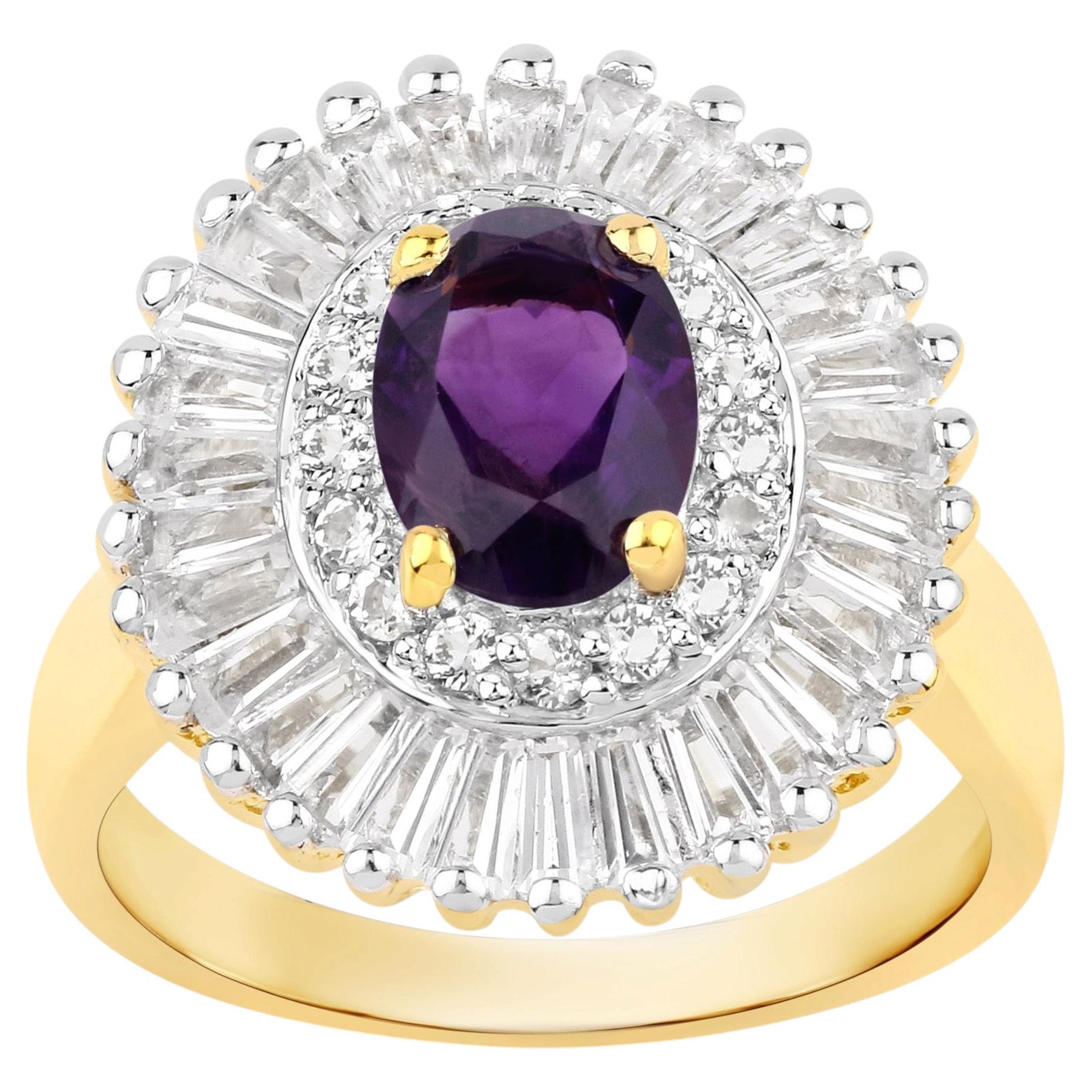 Amethyst Ring With White Topaz 3.16 Carats Gold Plated Silver For Sale