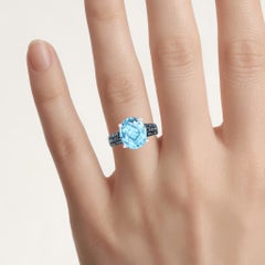 Swiss Blue Topaz Ring With Blue Diamonds 5.48 Carats Sterling Silver