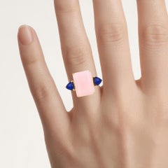 Pink Opal Ring With Lapis Lazuli 12.1 Carats Gold Plated Silver
