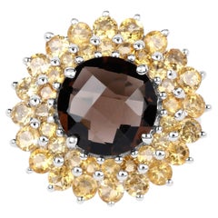 Smoky Quartz Ring With Citrine 8.5 Carats Sterling Silver
