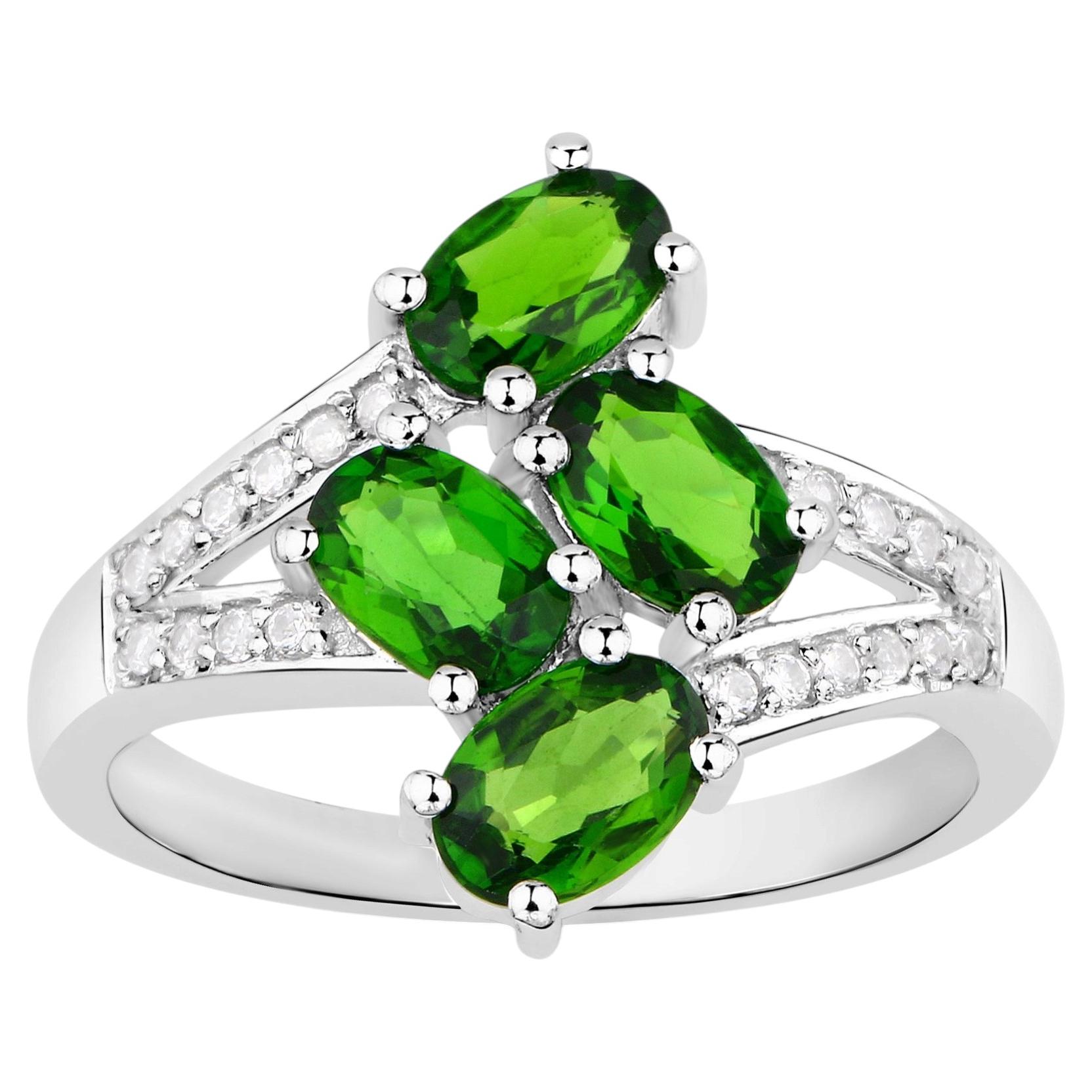 Chrome Diopside Ring With White Zircon 1.82 Carats Sterling Silver For Sale
