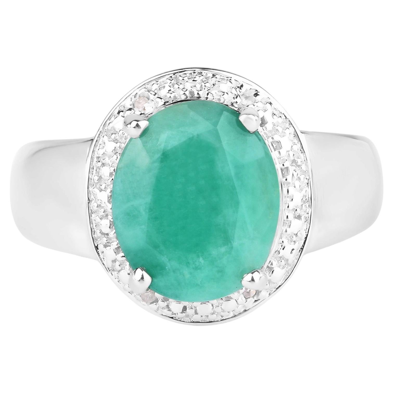 Emerald Ring With Diamonds 4.7 Carats Sterling Silver For Sale