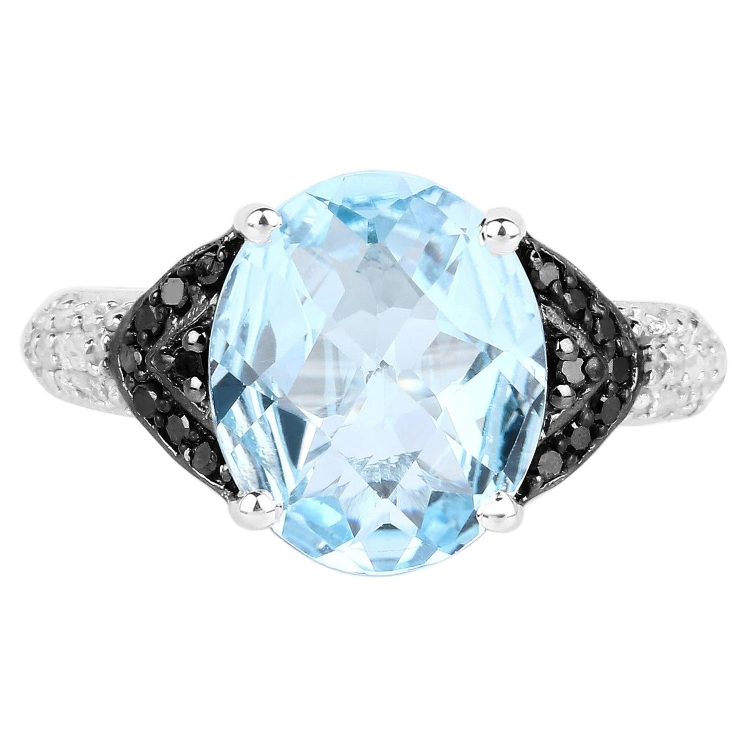 Swiss Blue Topaz Ring With White Topaz 5.32 Carats Sterling Silver