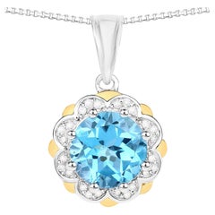 Anhänger aus Schweizer blauem Topas mit Diamanten, 2,3 Karat, 14-karätiges Gold und Sterlingsilber