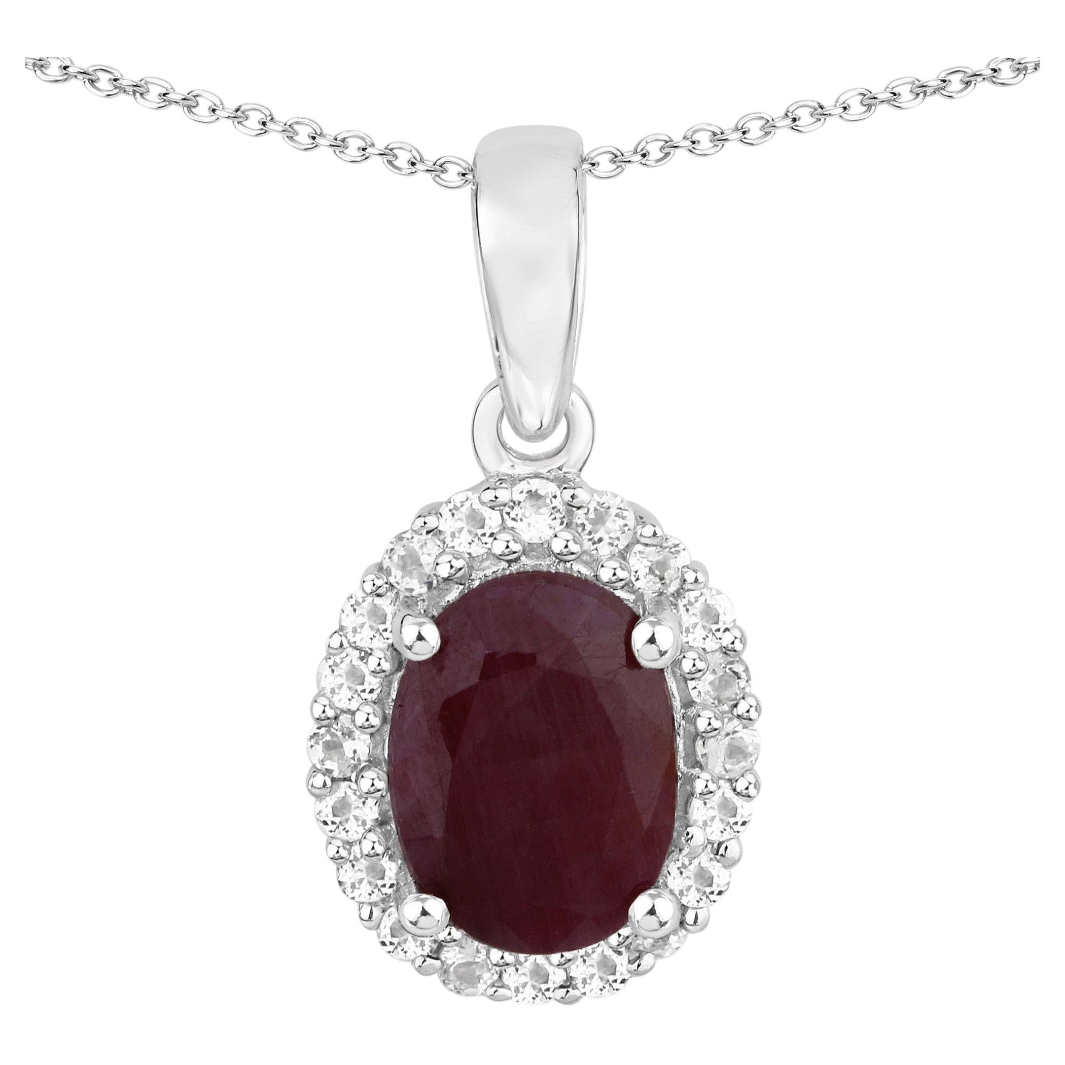 Ruby Pendant With White Topaz 2.02 Carats Sterling Silver For Sale
