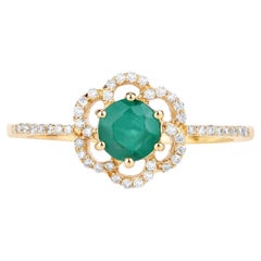 Zambian Emerald Ring With Diamonds 0.52 Carats 14K Yellow Gold