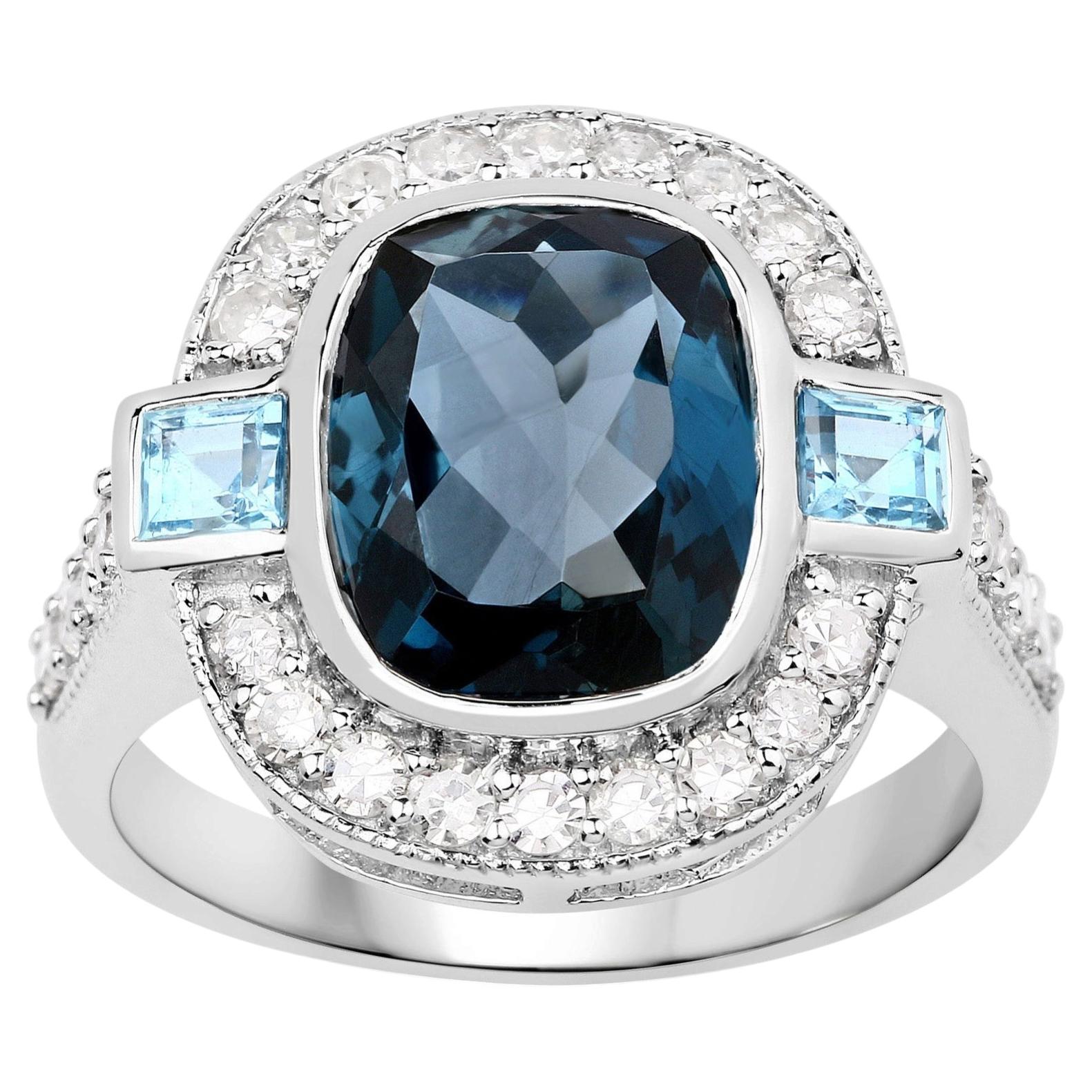 Ring mit London-Blue-Topas und Diamanten, 5,2 Karat, Sterlingsilber