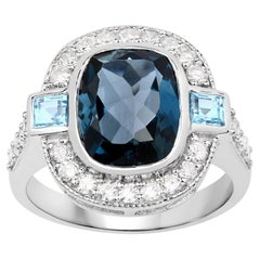 Anillo de topacio azul de Londres con diamantes, 5,2 quilates, plata de ley