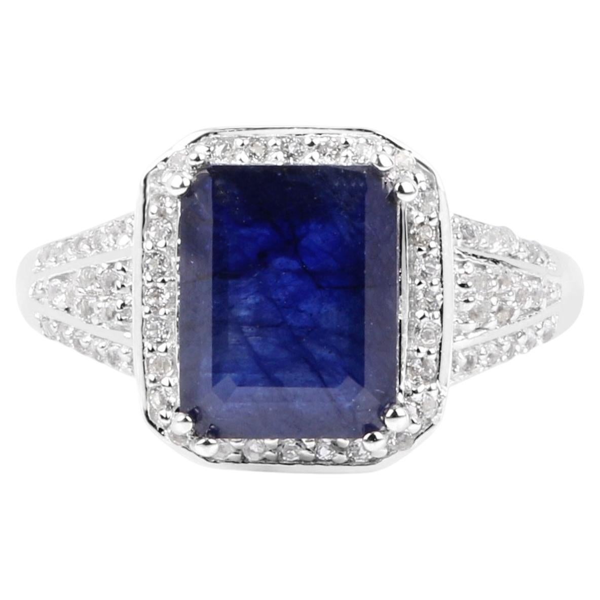 Bague en saphir avec topaze blanche de 4,76 carats, en argent massif