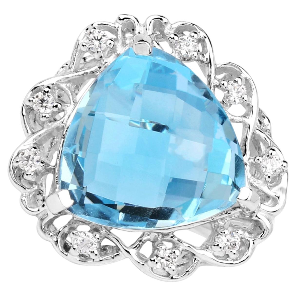 Blue Topaz Ring With White Zircon 10.9 Carats Sterling Silver For Sale