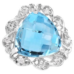 Blue Topaz Ring With White Zircon 10.9 Carats Sterling Silver