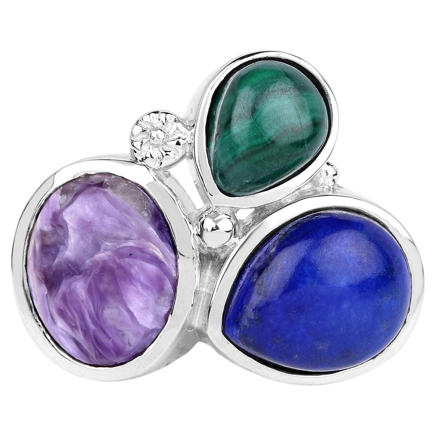 Lapis Ring With Charoite and Malachite 11.2 Carats Sterling Silver For Sale