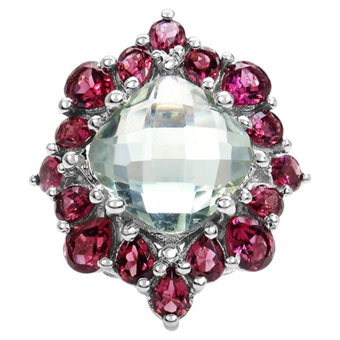 Anello con ametista verde e granato rodolite da 8,56 carati, argento sterling in vendita