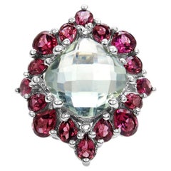 Green Amethyst Ring With Rhodolite Garnet 8.56 Carats Sterling Silver