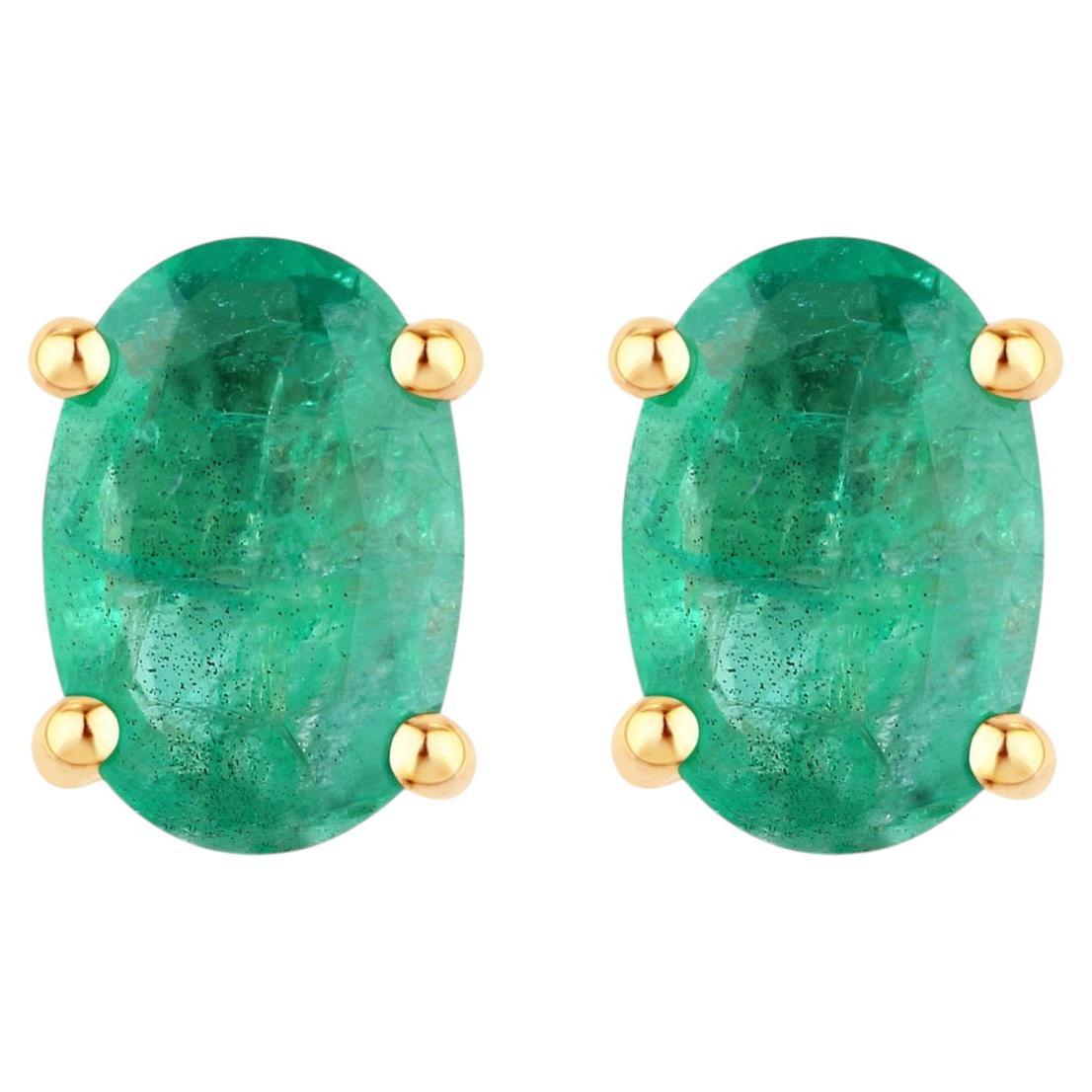 Zambian Emerald Stud Earrings 0.86 Carats 10K Yellow Gold For Sale