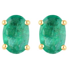 Zambian Emerald Stud Earrings 0.86 Carats 10K Yellow Gold