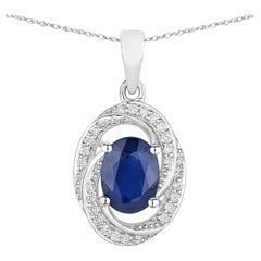 Blue Sapphire Pendant With Diamonds 1.68 Carats 14K White Gold