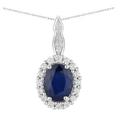 Blue Sapphire Pendant With Diamonds 1.75 Carats 14K White Gold