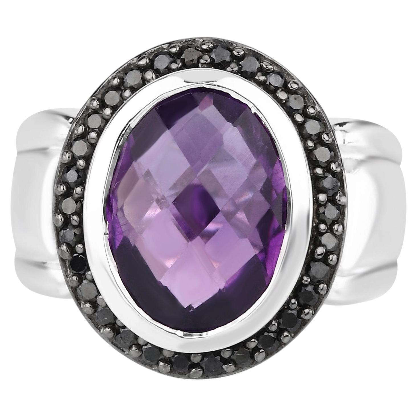 Bague en améthyste avec spinelle noir de 5,32 carats, en argent massif