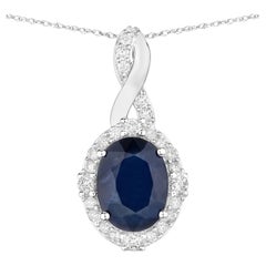 Blue Sapphire Pendant With Diamonds 1.68 Carats 14K White Gold
