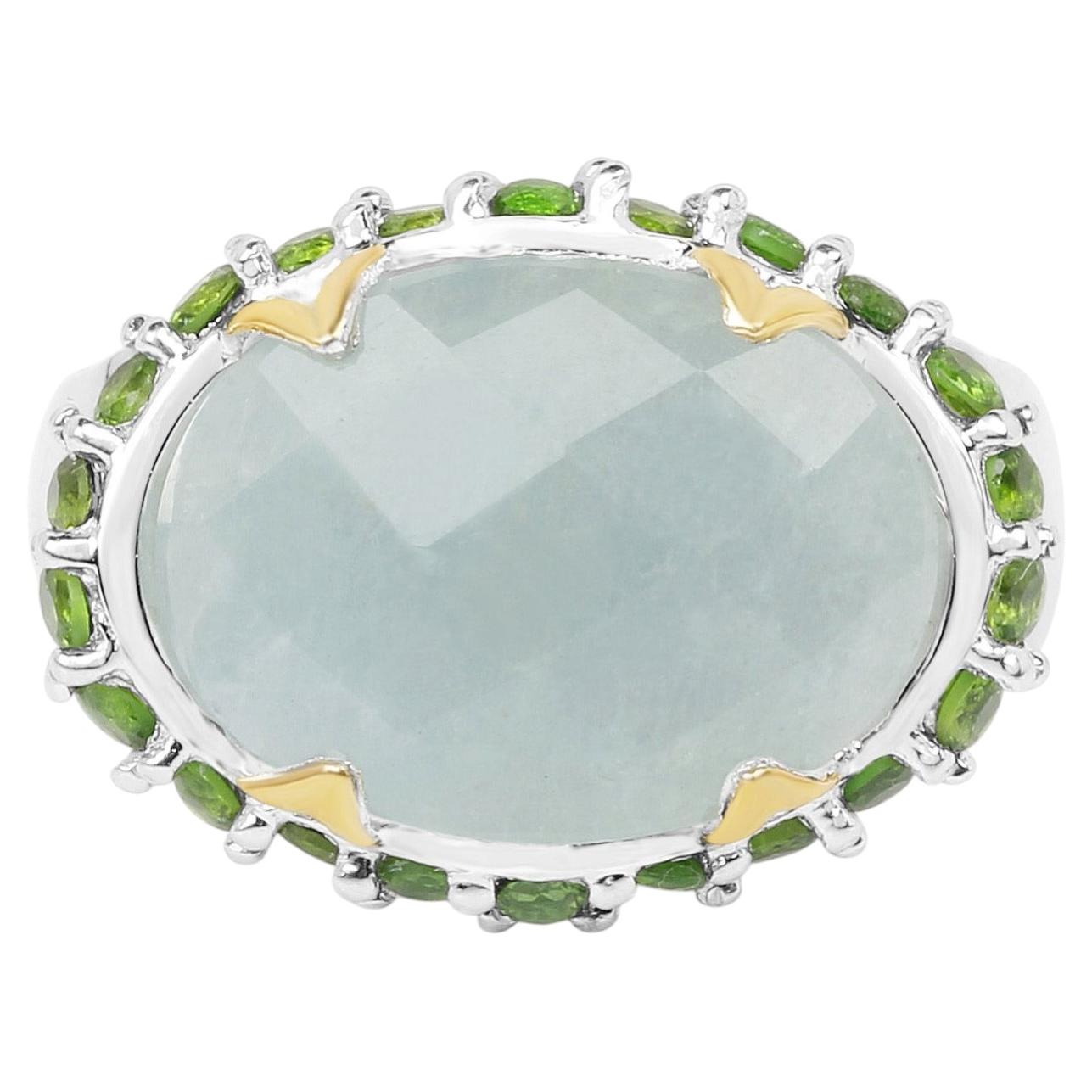 Aquamarine Ring With Chrome Diopside 9.08 Carats Sterling Silver For Sale