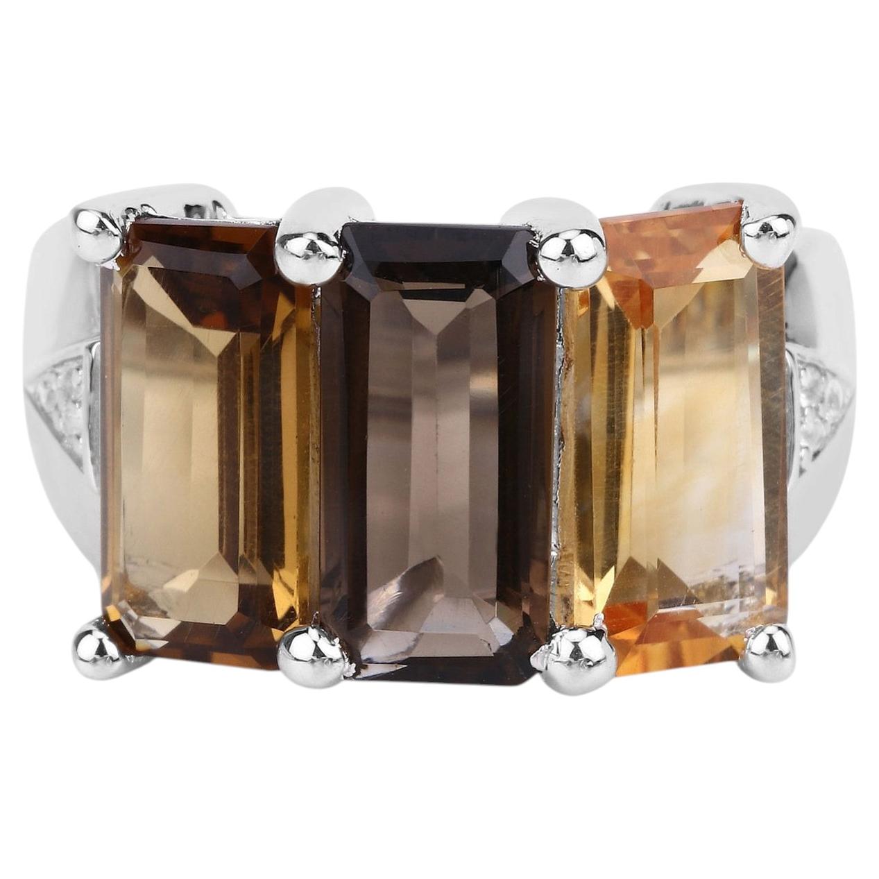 Smoky Quartz Ring With Citrine 8.1 Carats Sterling Silver For Sale