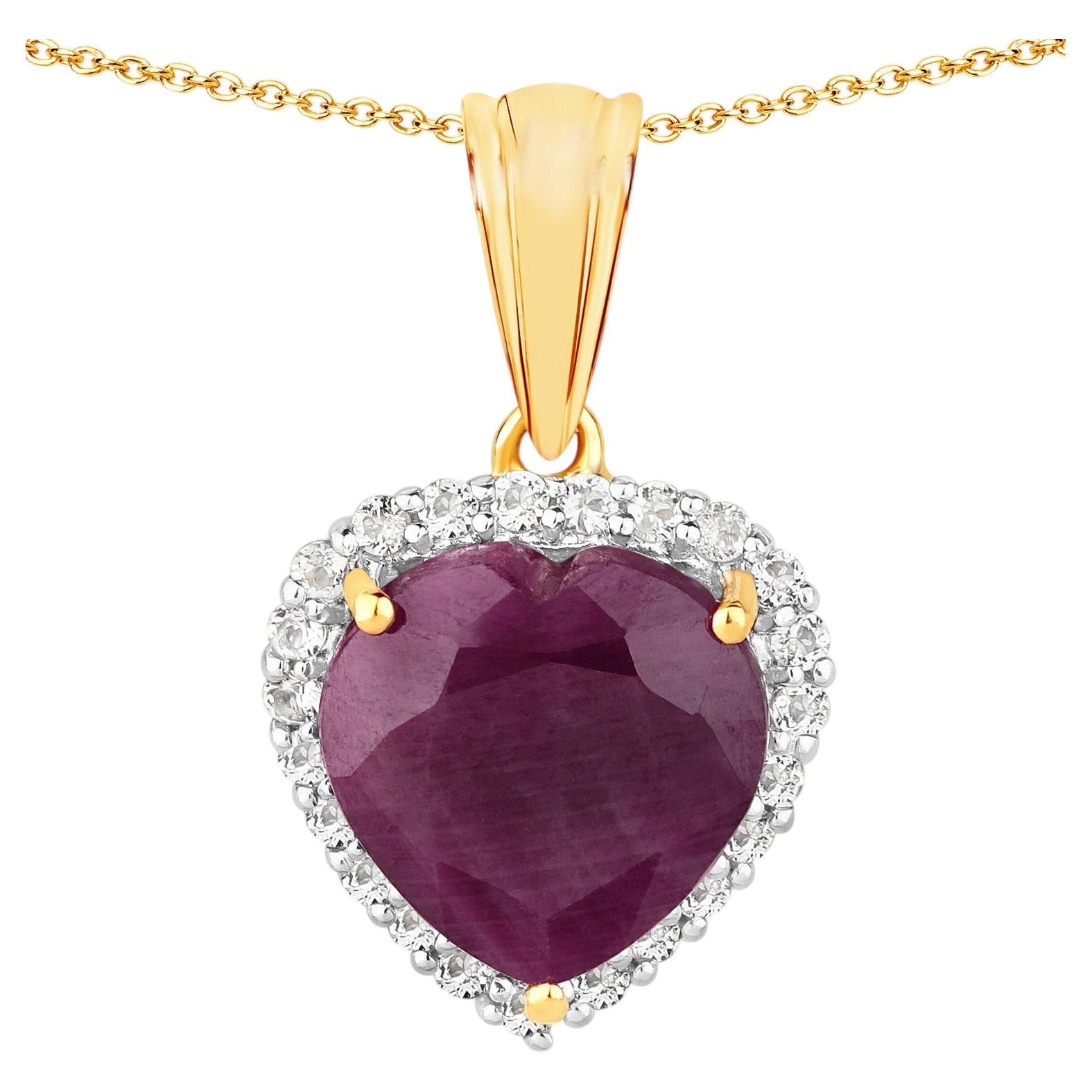 Ruby Heart Pendant With White Topaz 7.08 Carats Gold Plated Silver For Sale