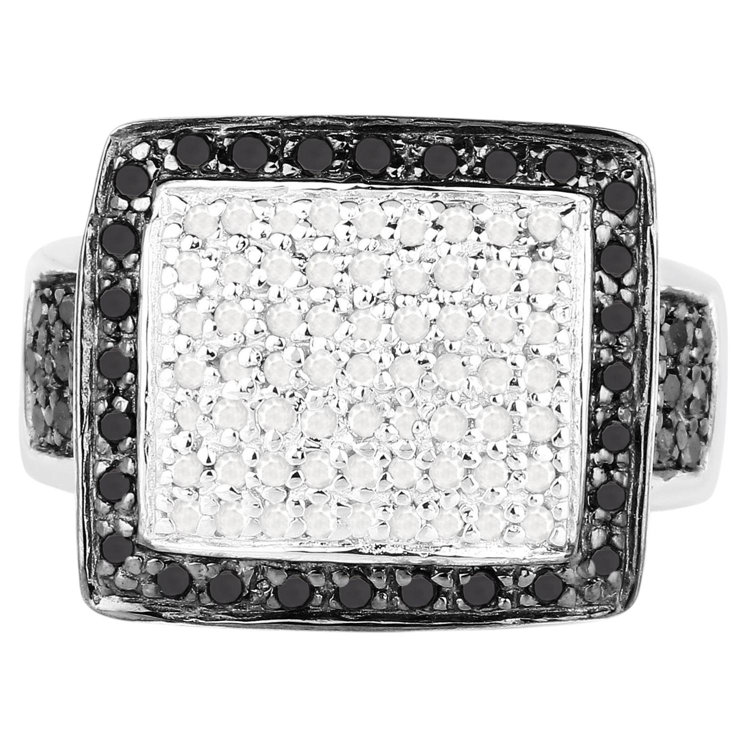 White Diamond Ring With Black Diamonds 0.58 Carats Sterling Silver For Sale