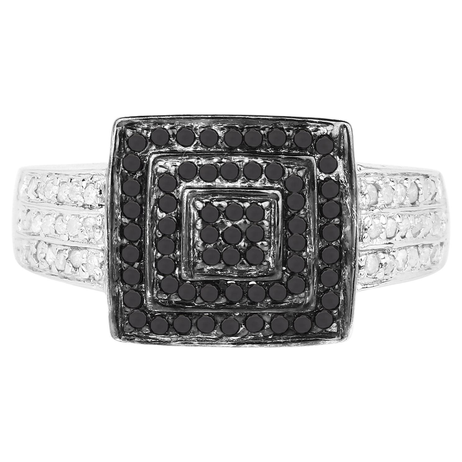 Black Diamond Ring With White Diamonds 0.52 Carats Sterling Silver For Sale
