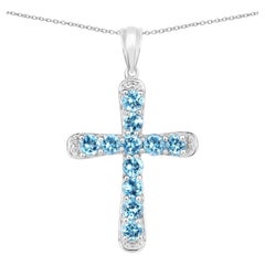 Blue Topaz Cross Pendant 3.84 Carats Sterling Silver