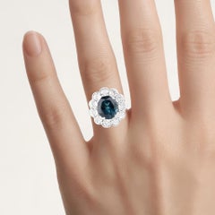 London Blue Topaz Flower Ring With Diamonds 5.08 Carats Sterling Silver