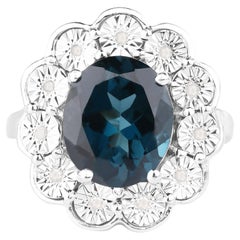 London Blue Topaz Flower Ring With Diamonds 5.08 Carats Sterling Silver