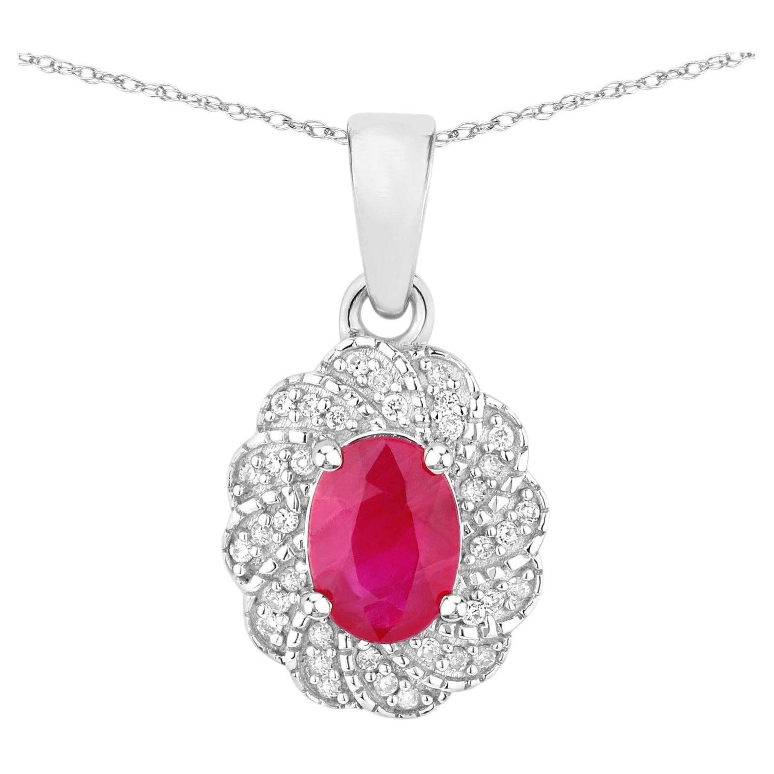 Ruby Floral Pendant With Diamonds 0.92 Carats 10K White Gold For Sale