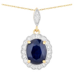 Pendentif en saphir bleu serti de diamants, 3,35 carats, or jaune 14 carats