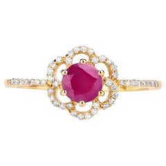 Anello con fiore in rubino e diamanti da 0,66 carati, in oro giallo 14K